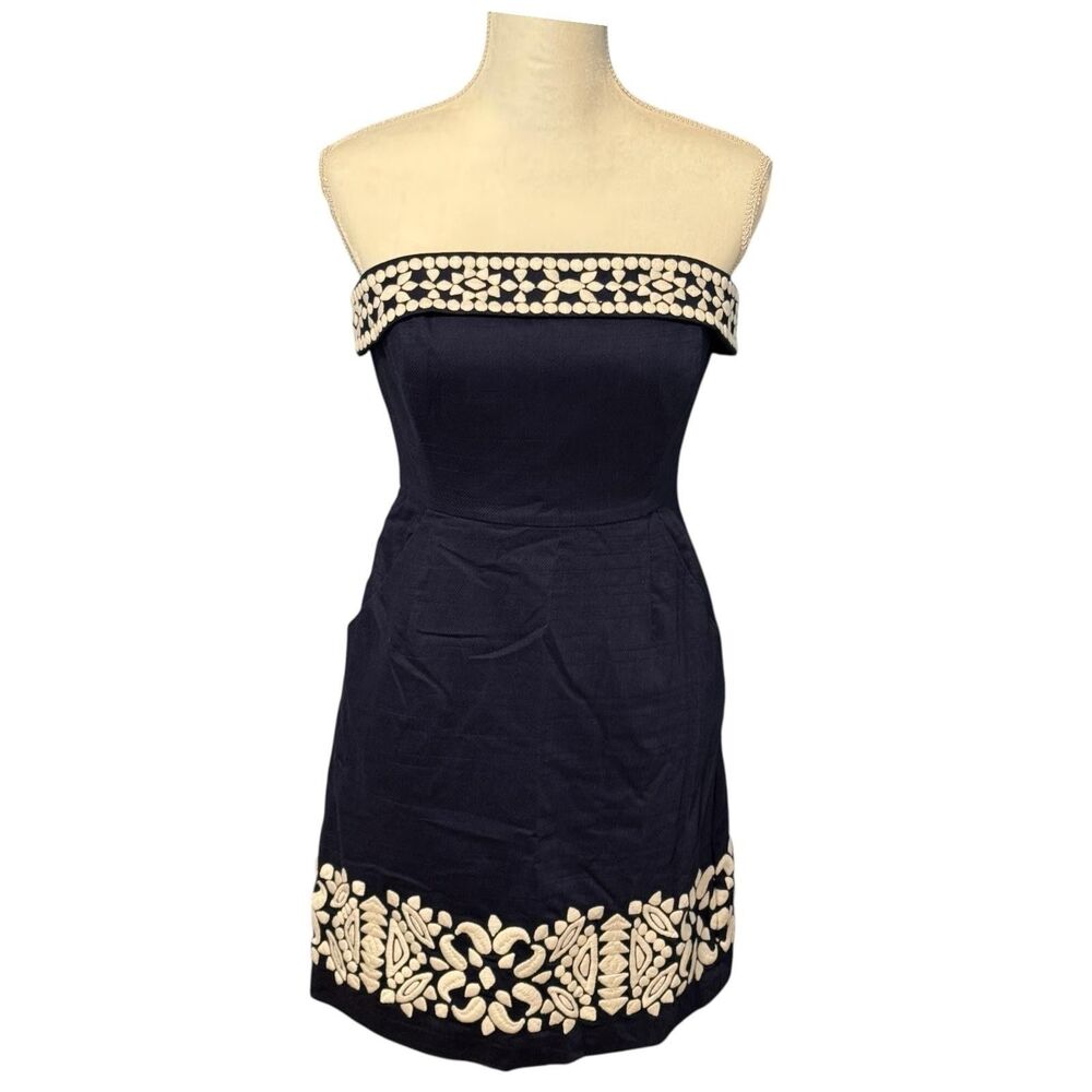 Vineyard Vines‎ Dress Womens 4 Navy Blue White Embroidered Strapless A-Line